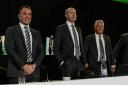 GLASGOW, SCOTLAND - NOVEBER 22: Celtic Manager Brendan Rodgers (L) and Celtic Non Executive Chairman Peter Lawwell (R) and Chief Executive Michael Nicholson (C) during the 2023 Celtic Annual General Meeting at Celtic Park, on November 22, 2023, in