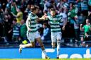 GLASGOW, SCOTLAND - APRIL 20: Celtic's Nicolas Kuhn (R)  celebrates with Matt O'Riley as he scores to make it 1-1 during a Scottish Gas Scottish Cup semi-final match between Aberdeen and Celtic at Hampden Park, on April 20, 2024, in Glasgow, Scotland. 