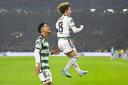 GLASGOW, SCOTLAND - OCTOBER 25: Celtic's Kyogo Furuhashi celebrates after making it 1-0 during a UEFA Champions League match between Celtic and Atletico de Madrid at Celtic Park, on October 25, 2023, in Glasgow, Scotland. (Photo by Rob Casey / SNS Group)