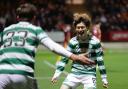Kyogo celebrates after hitting the opener for Celtic against Motherwell.