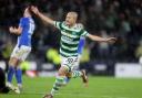 Daizen Maeda celebrates after his goal that sealed a League Cup final place for Celtic.