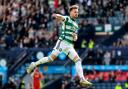 Celtic's Nicolas Kuhn celebrates scoring their side's first goal of the game during the Scottish Gas Scottish Cup semi-final match at Hampden Park, Glasgow. Picture date: Saturday April 20, 2024. PA Photo. See PA story SOCCER Aberdeen. Photo credit