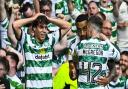 Paulo Bernardo and Callum McGregor celebrate with Adam Idah at Hampden