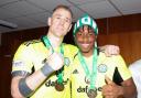 Tobi Oluwayemi and Joe Hart celebrate