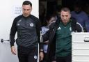 AYR, SCOTLAND - JULY 05: Ayr United manager Scott Brown and Celtic manager Brendan Rodgers before a pre-season friendly match between Ayr United and Celtic at Somerset Park, on July 05, 2024, in Ayr, Scotland. (Photo by Craig Foy / SNS Group)