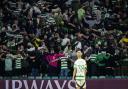 Daizen Maeda looks on at Celtic Park crowd celebrations