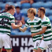Kyogo celebrates after kicking off Celtic's rout of Kilmarnock.
