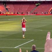 Kieran Tierney applauds the fans at The Emirates