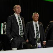 GLASGOW, SCOTLAND - NOVEBER 22: Celtic Manager Brendan Rodgers (L) and Celtic Non Executive Chairman Peter Lawwell (R) and Chief Executive Michael Nicholson (C) during the 2023 Celtic Annual General Meeting at Celtic Park, on November 22, 2023, in