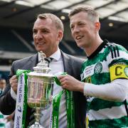 Callum McGregor and Brendan Rodgers with the Scottish Cup