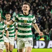 Daniel Kelly celebrates after scoring to make it 7-0 during a cinch Premiership match between Celtic and Dundee at Celtic Park