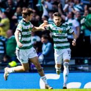 GLASGOW, SCOTLAND - APRIL 20: Celtic's Nicolas Kuhn (R)  celebrates with Matt O'Riley as he scores to make it 1-1 during a Scottish Gas Scottish Cup semi-final match between Aberdeen and Celtic at Hampden Park, on April 20, 2024, in Glasgow, Scotland.