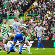 Celtic’s Liam Scales (left) scores their side's second goal of the game during the William Hill Premiership match at Celtic Park, Glasgow. Picture date: Sunday August 4, 2024. PA Photo. See PA story SOCCER Celtic. Photo credit should read: Jane