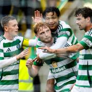 Celtic celebrate their second goal against Kilmarnock at Celtic Park