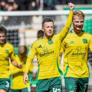 EDINBURGH, SCOTLAND - AUGUST 11: Celtic's Callum McGregor celebrates after scoring to make it 2-0 during a William Hill Premiership match between Hibernian and Celtic at Easter Road, on August 11, 2024, in Edinburgh, Scotland. (Photo by Craig Williamson