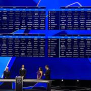 This photograph shows a screen displaying the fixtures of the group stage of 2024-2025 UEFA Champions League football tournament, at the Grimaldi Forum in Monaco on August 29, 2024. (Photo by Valery HACHE / AFP) (Photo by VALERY HACHE/AFP via Getty