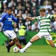 Celtic's Arne Engels tackles Rangers’ Hamza Igamane