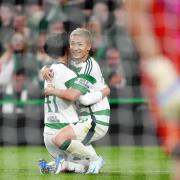 Celtic’s Daizen Maeda (right) celebrates with teammate Reo Hatate after scoring their side's fourth goal of the game during the UEFA Champions League, league stage  match at Celtic Park, Glasgow. Picture date: Wednesday September 18, 2024. PA Photo.