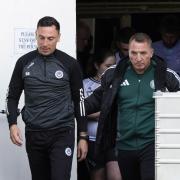 AYR, SCOTLAND - JULY 05: Ayr United manager Scott Brown and Celtic manager Brendan Rodgers before a pre-season friendly match between Ayr United and Celtic at Somerset Park, on July 05, 2024, in Ayr, Scotland. (Photo by Craig Foy / SNS Group)