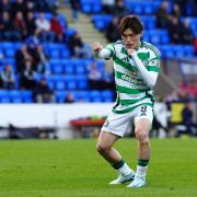 Celtic's Kyogo Furuhashi celebrates scoring their side's first goal of the game during the William Hill Premiership match at McDiarmid Park, Perth. Picture date: Saturday September 28, 2024. PA Photo. See PA story SOCCER St Johnstone. Photo credit should