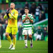 Celtic goalkeeper Kasper Schmeichel (centre), Arne Engels (left) and Alex Valle applaud the fans after the final whistle in the William Hill Premiership match at Celtic Park, Glasgow. Picture date: Saturday October 19, 2024. PA Photo. See PA story SOCCER