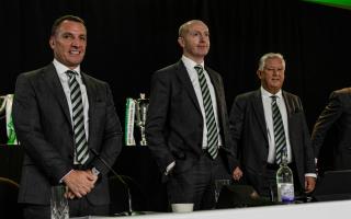 GLASGOW, SCOTLAND - NOVEBER 22: Celtic Manager Brendan Rodgers (L) and Celtic Non Executive Chairman Peter Lawwell (R) and Chief Executive Michael Nicholson (C) during the 2023 Celtic Annual General Meeting at Celtic Park, on November 22, 2023, in