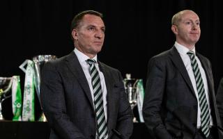 GLASGOW, SCOTLAND - NOVEBER 22: Celtic Manager Brendan Rodgers and Chief Executive Michael Nicholson during the 2023 Celtic Annual General Meeting at Celtic Park, on November 22, 2023, in Glasgow, Scotland. (Photo by Craig Williamson / SNS Group)