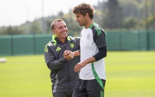 GLASGOW, SCOTLAND - AUGUST 02: Celtic manager Brendan Rodgers with Matt O'Riley during a Celtic training session at Lennoxtown Training Centre, on August 02, 2024, in Glasgow, Scotland. (Photo by Craig Williamson / SNS Group)