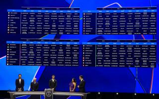 This photograph shows a screen displaying the fixtures of the group stage of 2024-2025 UEFA Champions League football tournament, at the Grimaldi Forum in Monaco on August 29, 2024. (Photo by Valery HACHE / AFP) (Photo by VALERY HACHE/AFP via Getty