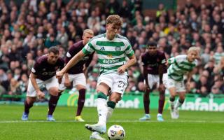 Celtic's Arne Engels scores the opening goal from the penalty spot during the Scottish Premiership match at Celtic Park, Glasgow. Picture date: Saturday September 14, 2024. PA Photo. See PA story SOCCER Celtic. Photo credit should read: Andrew