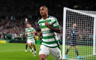 Celtic’s Adam Idah celebrates scoring their side's fifth goal of the game during the UEFA Champions League, league stage  match at Celtic Park, Glasgow. Picture date: Wednesday September 18, 2024. PA Photo. See PA story SOCCER Celtic. Photo credit