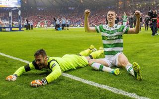 Craig Gordon and Jozo Simunovic celebrate at Hampden