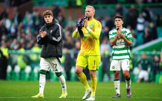 Celtic goalkeeper Kasper Schmeichel (centre), Arne Engels (left) and Alex Valle applaud the fans after the final whistle in the William Hill Premiership match at Celtic Park, Glasgow. Picture date: Saturday October 19, 2024. PA Photo. See PA story SOCCER