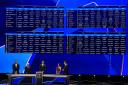 This photograph shows a screen displaying the fixtures of the group stage of 2024-2025 UEFA Champions League football tournament, at the Grimaldi Forum in Monaco on August 29, 2024. (Photo by Valery HACHE / AFP) (Photo by VALERY HACHE/AFP via Getty