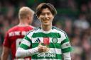 GLASGOW, SCOTLAND - OCTOBER 19: Celtic's Kyogo Furuhashi celebrates scoring to make it 2-0 during a William Hill Premiership match between Celtic and Aberdeen at Celtic Park, on October 19, 2024, in Glasgow, Scotland. (Photo by Rob Casey / SNS Group)