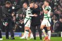 Celtic manager Brendan Rodgers and Callum McGregor celebrate after the final whistle in the UEFA Champions League, league stage match at Celtic Park, Glasgow. Picture date: Tuesday November 5, 2024. PA Photo. See PA story SOCCER Celtic. Photo credit