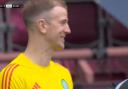Lawrence Shankland gets the attention of Joe Hart