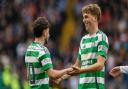 Nicolas Kuhn and Arne Engels celebrate a goal at Celtic Park