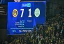 The 7-1 scoreline is shown on a big screen during the UEFA Champions League match at Signal Iduna Park, Dortmund. Picture date: Tuesday October 1, 2024. PA Photo. See PA story SOCCER Celtic. Photo credit should read: PA Wire via DPA.RESTRICTIONS: Use