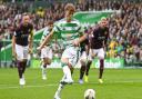 Arne Engels scores his first Celtic goal against Hearts in September