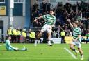 DINGWALL, SCOTLAND - OCTOBER 06: Celtic’s Nicolas Kuhn celebrates after scoring to make it 2-1  during a William Hill Premiership match between Ross County and Celtic at the Global Energy Stadium, on October 06, 2024, in Dingwall, Scotland. (Photo by