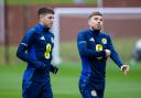 Ryan Christie (L) and James Forrest (R) during a Scotland training session at Lesser Hampden earlier this week