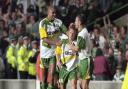 31/08/95 COCA COLA CUP 3RD RNDCELTIC v RAITH ROVERS (2-1 AET)CELTIC PARK - GLASGOWSimon Donnelly is congratulated by Pierre Van Hooijdonk (left) and John Hughes after scoring for Celtic.