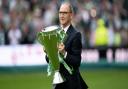 Martin O'Neill presents the Scottish Premiership trophy at Celtic Park