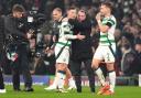 Celtic manager Brendan Rodgers and Callum McGregor celebrate after the final whistle in the UEFA Champions League, league stage match at Celtic Park, Glasgow. Picture date: Tuesday November 5, 2024. PA Photo. See PA story SOCCER Celtic. Photo credit