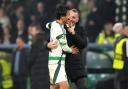 Celtic manager Brendan Rodgers (right) and Reo Hatate celebrate victory after the final whistle in the UEFA Champions League, league stage match at Celtic Park, Glasgow. Picture date: Tuesday November 5, 2024. PA Photo. See PA story SOCCER Celtic. Photo