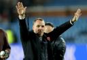 Celtic manager Brendan Rodgers acknowledges the crowd at the final whistle