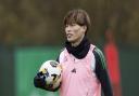 GLASGOW, SCOTLAND - NOVEMBER 08: Kyogo Furuhashi during a Celtic training session at the Lennoxtown Training Centre, on November 08, 2024, in Glasgow, Scotland. (Photo by Craig Foy / SNS Group)