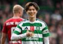 GLASGOW, SCOTLAND - OCTOBER 19: Celtic's Kyogo Furuhashi celebrates scoring to make it 2-0 during a William Hill Premiership match between Celtic and Aberdeen at Celtic Park, on October 19, 2024, in Glasgow, Scotland. (Photo by Rob Casey / SNS Group)