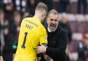 Joe Hart and Ange Postecoglou share an embrace during their time at Celtic